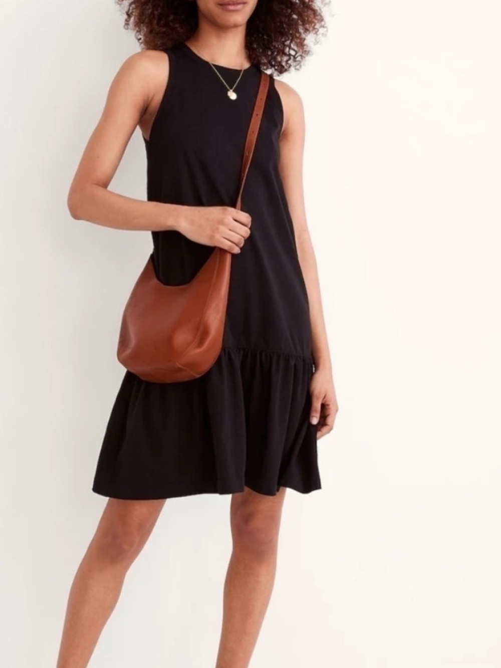 Madewell Brightside Ruffle Hem Tank Mini Dress Black Sleeveless High Neck